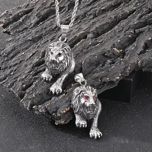 Lion Head Pendant Necklace Stainless Steel Punk Rock Style Gemstone Eye Men Jewelry