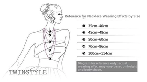 Größentabelle für Halskettenlängen von 35 cm bis 114 cm an einer weiblichen Silhouette