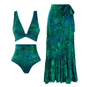 Bikini 3 pièces avec imprimé feuilles tropicales vertes, taille haute et paréo assorti femme