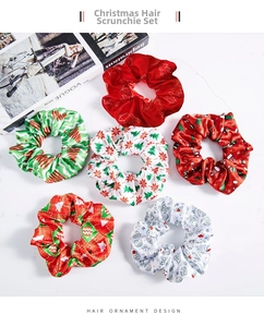 Set of 6 Christmas satin scrunchies featuring festive snowflake and gingerbread patterns
