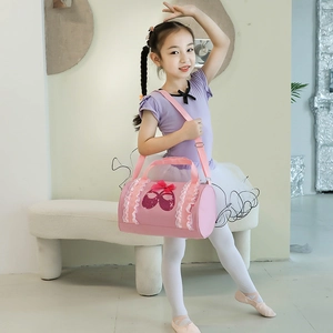 Pink ballet dance bag for girls with sequined shoes embroidery and lace trim