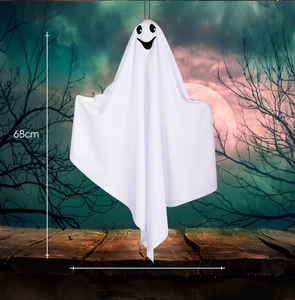 Close-up of 68cm Halloween white ghost hanging decoration with sizing and spooky background