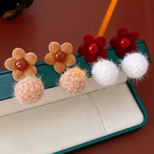 Flocking Flower Pom Pom Stud Earrings With Silver Earring Post Vintage Winter Floral Drop Dangle For Women