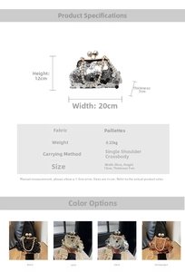 Detailed size chart and parameter table for sequined evening bag with pearl strap