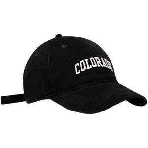 Detail of the white Colorado embroidery on a premium black cotton twill baseball cap