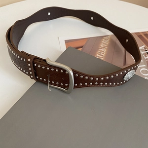Vintage brown leather studded belt with silver rivets and bohemian buckle for women