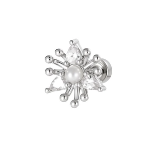 Sparkling silver flower cartilage stud earring with central pearl and marquise zircon accents