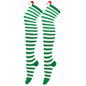 Detail view of green and white striped over-knee socks with 3D Santa Claus figure topper