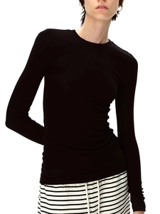 Slim fit black wool tencel long sleeve top for women with elegant crew neck design