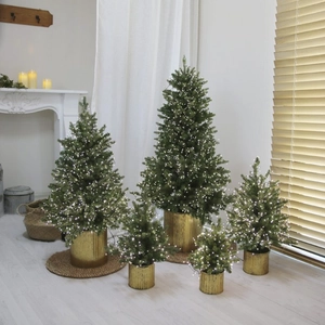 Mini PE Christmas trees with warm white LEDs and gold textured metal bases