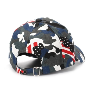 Rear view of camouflage baseball cap with US flag pattern and adjustable metal buckle