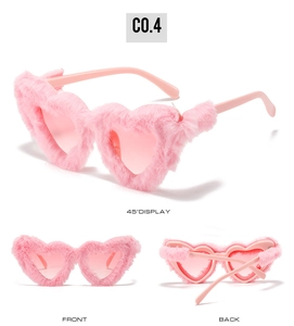 Three views of pink heart-shaped fuzzy sunglasses featuring plush fur frames and pink lenses