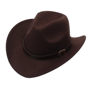 Detail of dark brown western cowboy hat featuring leather belt and metal buckle