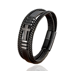 Men's multilayer black leather bracelet with metal cross and zircon inlays