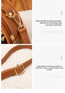 Detail of adjustable leather strap with gold hardware and stitching for leopard round bag