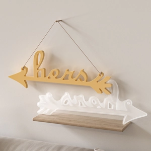 Modern arrow shaped 'hers' wall decor signs in yellow and translucent white colors