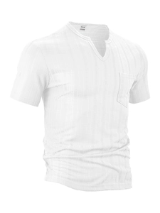 Macro view of white polyester fabric texture and M size label on men's V-neck shirt