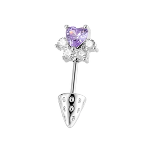 Silver cat paw belly piercing with purple heart zircon and strawberry cone charm