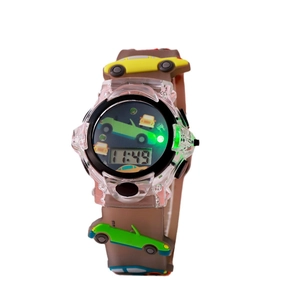 Cartoon car children digital watch with brown strap and green LED backlight display