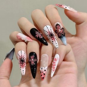 Handmade Gothic 3D Floral Press On Nails Long Stiletto Black Pink Relief Flower False Nails Set Wearable Art Nails
