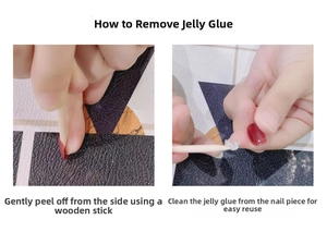 Instructional guide showing how to remove jelly glue from press-on nails using a wooden stick