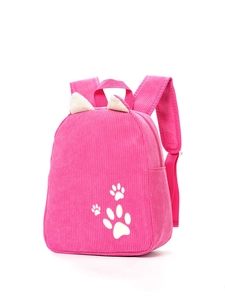 Detailed view of pink corduroy kids backpack featuring white cat ears and paw print detail