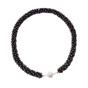 Elegant beaded black spinel necklace with a diamond-encrusted silver spherical magnetic clasp