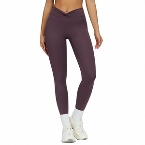 High-waist deep purple yoga pants with V-waist design and naked feel for fitness sports