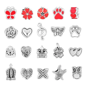 Detailed collection of assorted silver alloy DIY charms with red enamel butterfly and hearts
