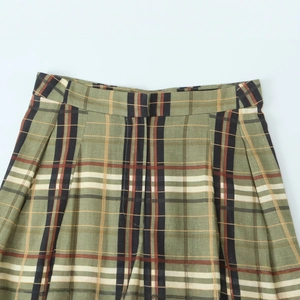 Pantalon en lin à carreaux pour femmes avec taille haute et motif écossais vert