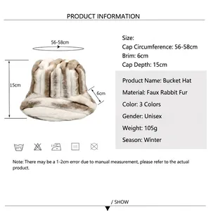 Winter tie-dye striped bucket hat in fuzzy faux rabbit fur with detailed size chart guide