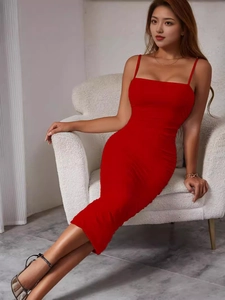 Slim fit red ruched midi slip dress for women featuring a sexy bodycon silhouette