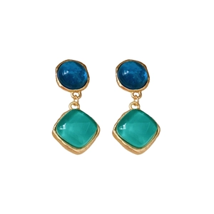 Vintage geometric earrings with navy round and emerald square stones in gold frames