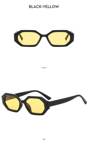 Front and side view of hexagonal black sunglasses with yellow transparent lenses