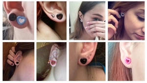 Collage of customers wearing heart-shaped acrylic ear gauges in various colors and sizes