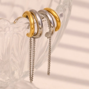 Bicolor Stainless Steel Stud Earrings 18K Gold Plated Interlocking Rings With Long Chain Tassel Fringes For Women