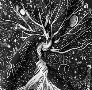 Detailed fabric texture of black and white tree of life tapestry with spiral folding effect