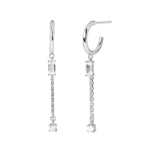 Detail of silver tassel chain earrings with rectangular zircon stones and elegant long drop
