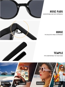 Detailed views of oval sunglasses featuring metal hinges and ergonomic temples for comfort
