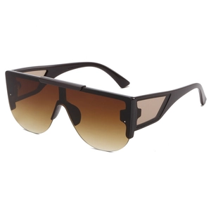 Fashionable oversized brown gradient shield sunglasses with a modern flat top design