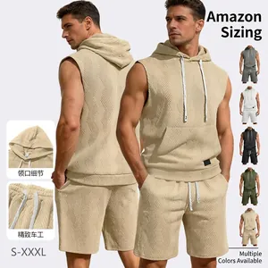 Men Casual Hooded Sleeveless Vest And Shorts Set Textured Jacquard Sporty Top And Bottom Summer Loose Comfortable Activewear