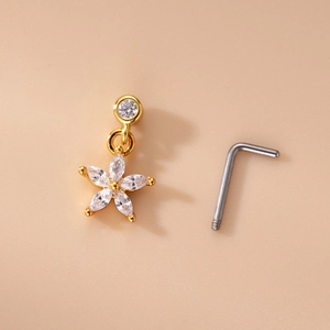 Golden flower nose stud with micro-paved cubic zirconia and stainless steel L-bar
