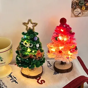 DIY Christmas tree chenille stems kit with LED lights and star topper on wood base
