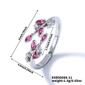 Leaf design ring with pink gemstones and product dimensions of 2cm and 1.7cm in width