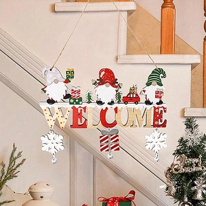 Wooden Christmas Welcome sign featuring Santa Gnomes and hanging bells for home decor
