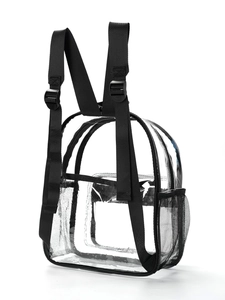 Detailed view of transparent PVC mini backpack with black nylon straps and mesh pockets
