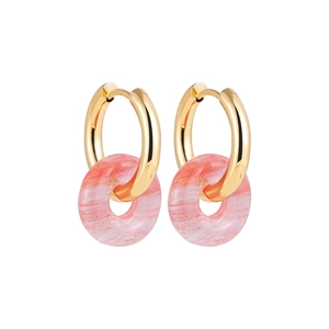 Detail view of 18K gold hoop earrings with natural pink marble stone pendants