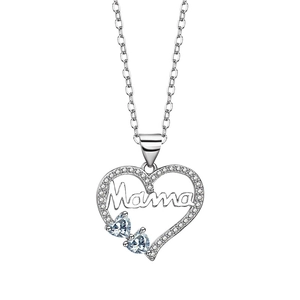 Silver Mama heart pendant necklace with blue crystals and sparkling white stones