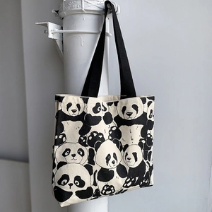 Large capacity canvas tote bag with cute panda print and black ribbon handles