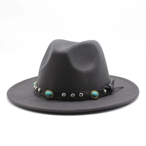 Dark grey felt fedora hat featuring a turquoise and silver stud leather band
